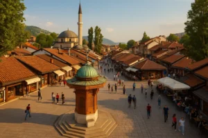 People walking along the cobblestone street of Baščaršija, Sarajevo with Sebilj fountain