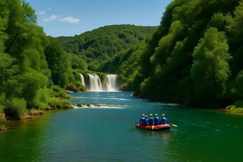 Una Rafting: Rafting čamac na rijeci Uni okružen netaknutom prirodom u Nacionalnom parku Una.