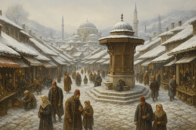 Ilustracija Sebilja i Baščaršije, starog grada u Sarajevu.