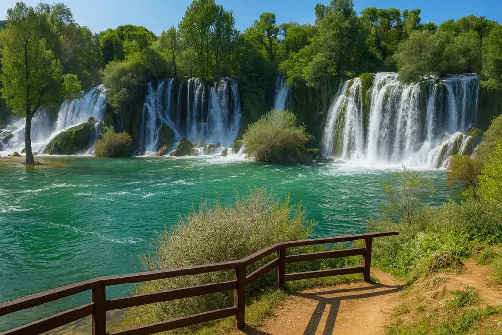Pogled na vodopad Kravica sa stazom i drvenom ogradom u prvom planu, uz tirkiznu rijeku i slapove koji se obrušavaju niz stijene okružene zelenilom
