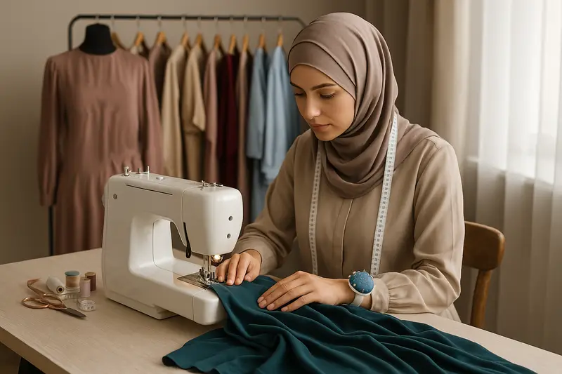Krojačica u hidžabu šije široku skromnu haljinu na šivaćoj mašini u svojoj radionici