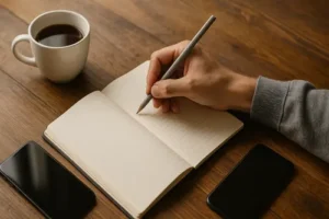 Ruka piše bilješku u svesci na drvenom stolu; pored šolja i ugašen telefon.