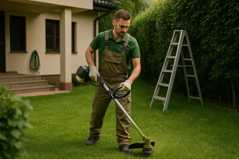 Muškarac u radnoj odjeći kosi travu u dvorištu porodične kuće uz alate za održavanje
