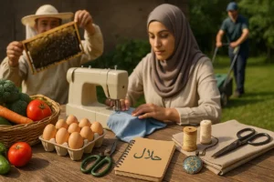 Realna fotografija čovjeka koji radi na maloj farmi, okružen drvenim stolom sa domaćim proizvodima poput sira, mlijeka, jaja i meda, simbol halal biznisa i poštene zarade.