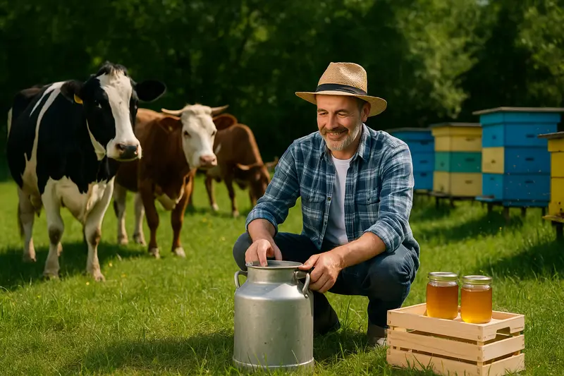 Porodična halal farma u Bosni – krave, koze i pčelinje košnice na zelenom pašnjaku uz domaći sir, kajmak i med.