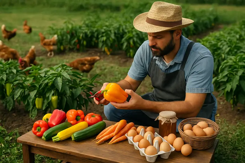 Organska farma u Bosni – čovjek bere svježe povrće u bašti dok kokoši slobodno šetaju po travi, prikaz poštenog halal biznisa na selu.
