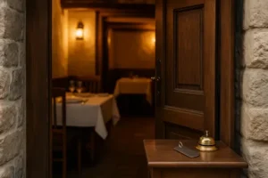 Otvorena drvena vrata malog restorana ili hotela; iznutra toplo osvijetljen prostor.