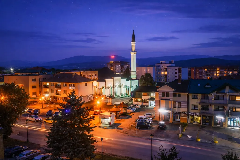 Centar Kalesije noću, osvijetljene ulice i dio naselja