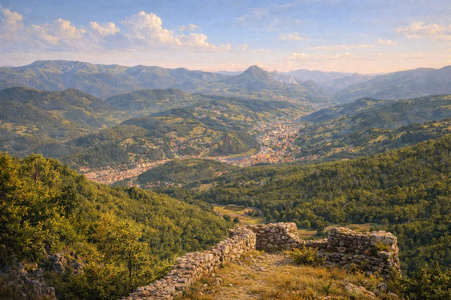 Panorama Priboja sa tvrđave Jagat u vedro ljetno jutro