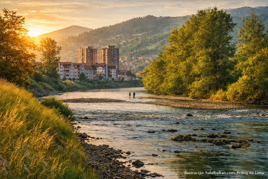 Priboj na Limu u ljetno jutro, pogled na rijeku i grad