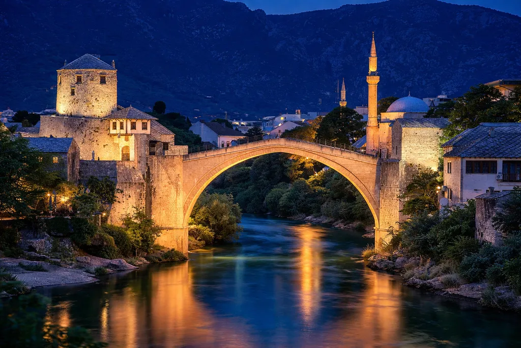 Stari most u Mostaru iznad rijeke Neretve, pogled na stari dio grada