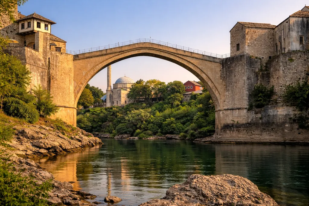 Stari most u Mostaru, pogled s obale rijeke Neretve