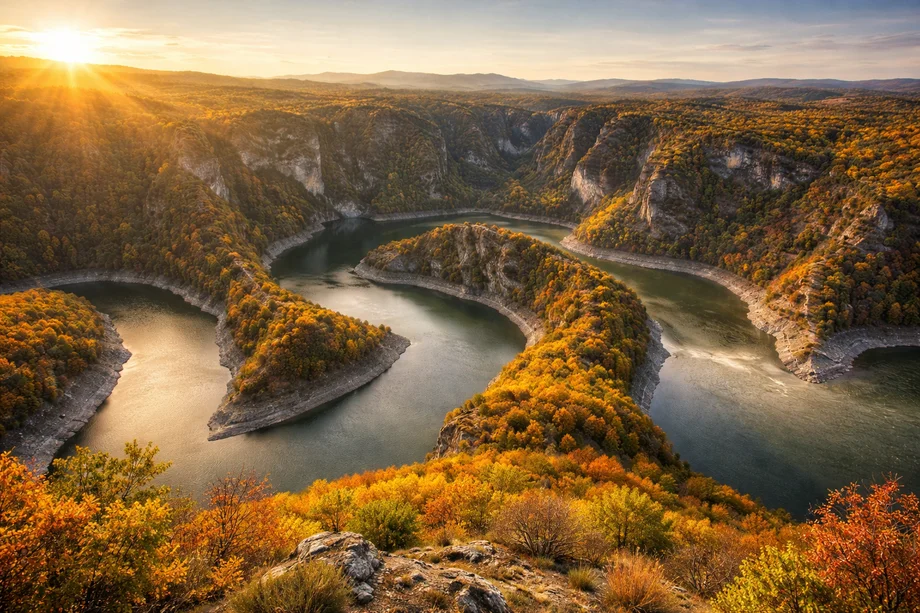 Meandri Uvca u jesen – jutarnji pogled s vidikovca