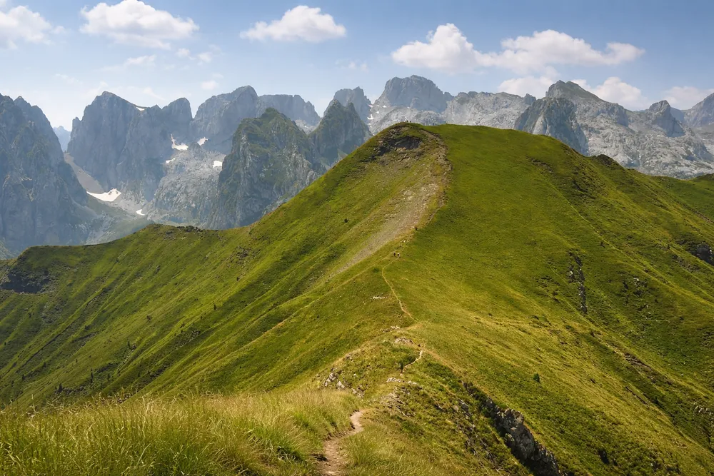 Volušnica u Prokletijama, širok planinski pejzaž i ljetno jutro