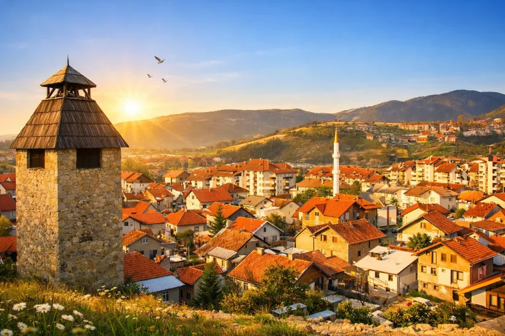 Jutarnji pogled na Gornji Vakuf sa kamenom kulom i panoramom grada u pozadini