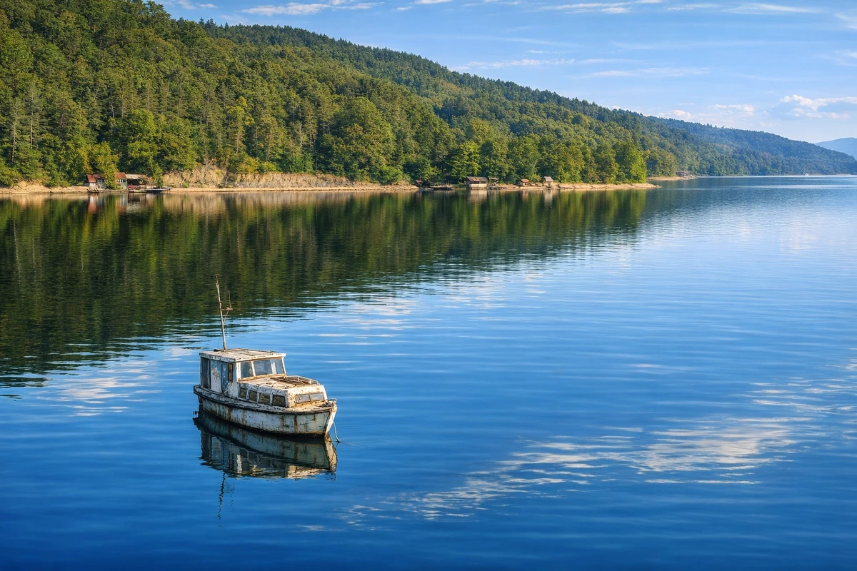 Jezero Modrac kod Lukavca ljeti, mirna voda i čamac na površini