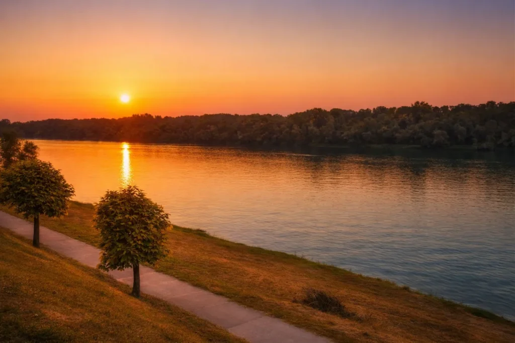 Zalazak sunca na obali Save u Brčkom, mirna rijeka i šetnica uz vodu