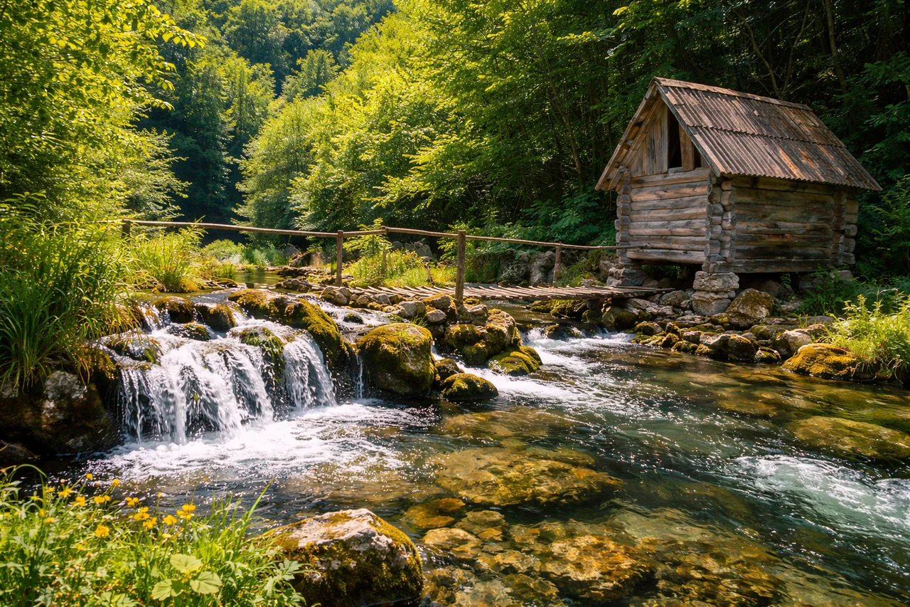 Vrelo rijeke Sane kod Sanskog Mosta, drvena kućica i potok s malim slapovima