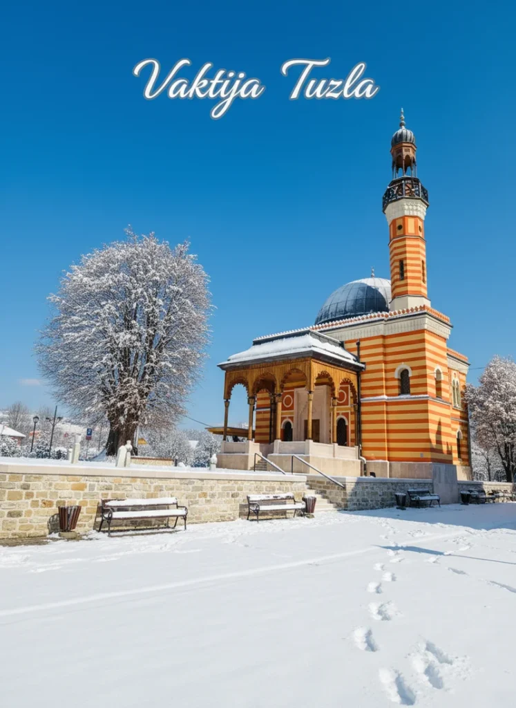 Šarena džamija u Tuzli koja asocira na namaz u ovom gradu. Za namaz su gotovo neophodne vaktije. Ovdje na sajtu imamo vaktiju za Tuzlu.