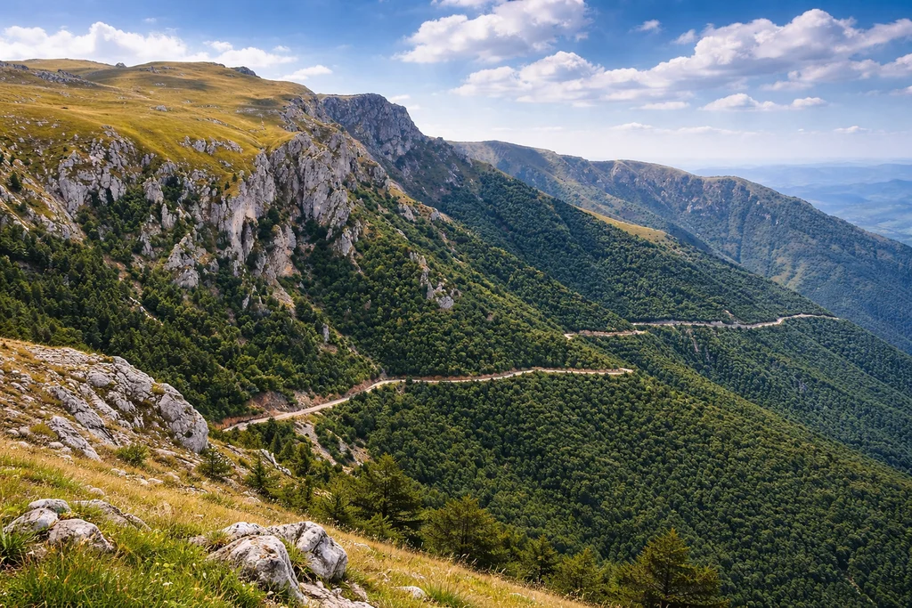 Vlašić vrh, planinski greben, stijene i šuma u daljini, sunčan dan